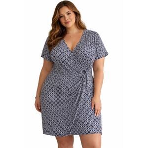 Lands’ End Navy & White Faux Wrap Dress Size 3X Cotton Modal Stretch Coastal